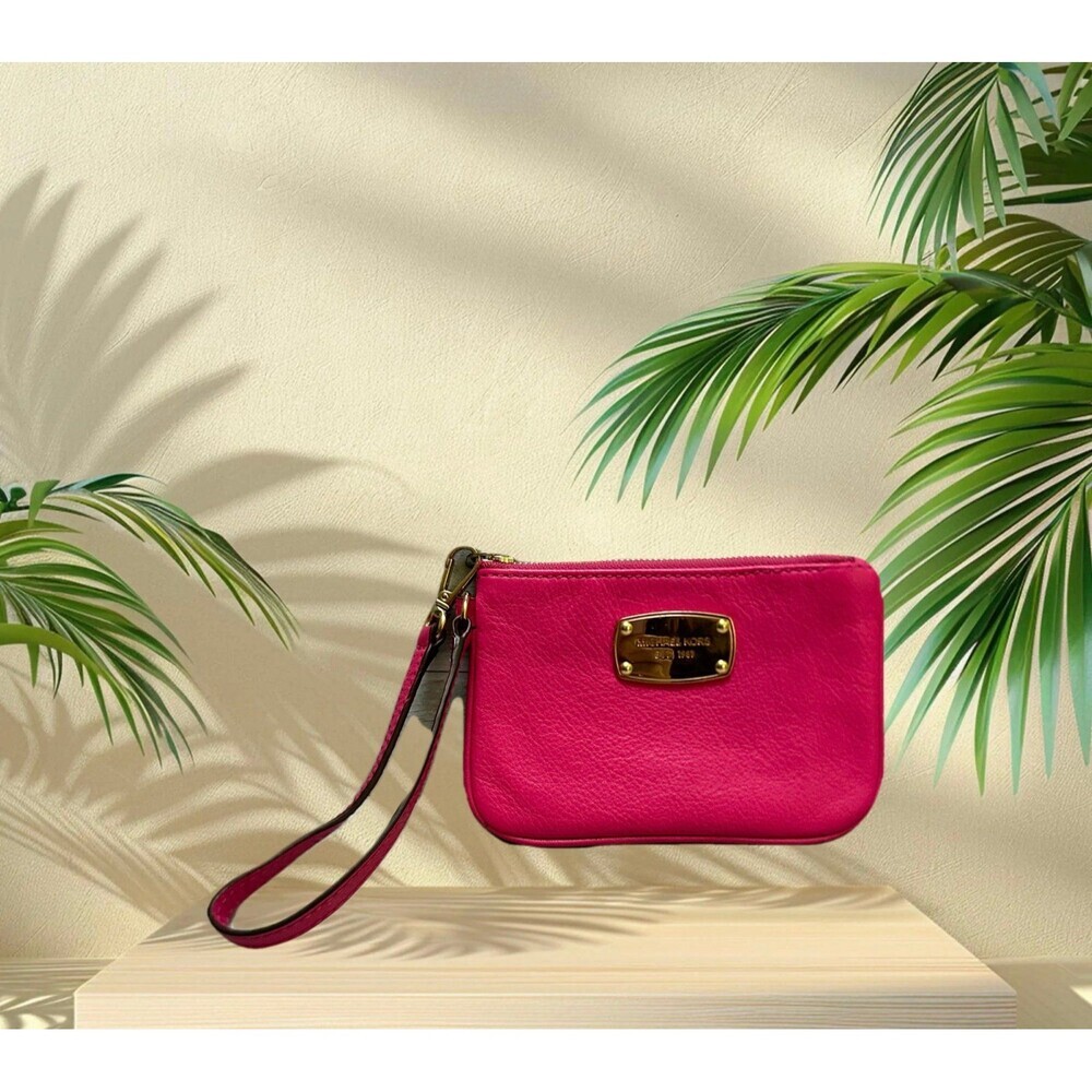 Michael Kors Fuchsia Leather Wristlet with Gold Plaque